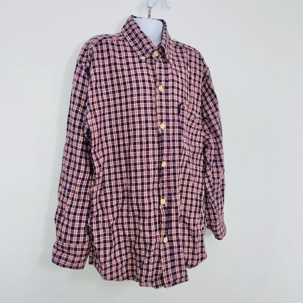 Ringo Sport Boys Shirt M 10-12 Blue Red Plaid Button Up Long Sleeve Casual